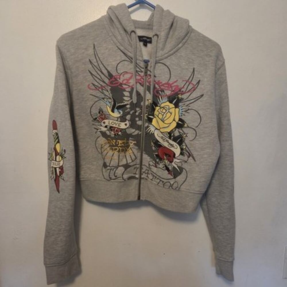 Ed Hardy Cropped Zip Up Hoodie Womens XL Gray Tattoo Sweatshirt